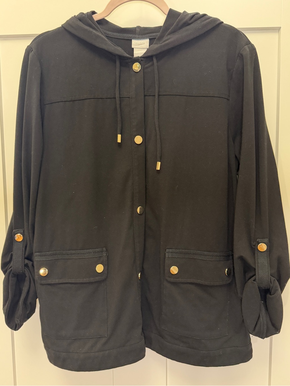 Chico’s Black Hooded Button-Front Jacket with Gold Accents